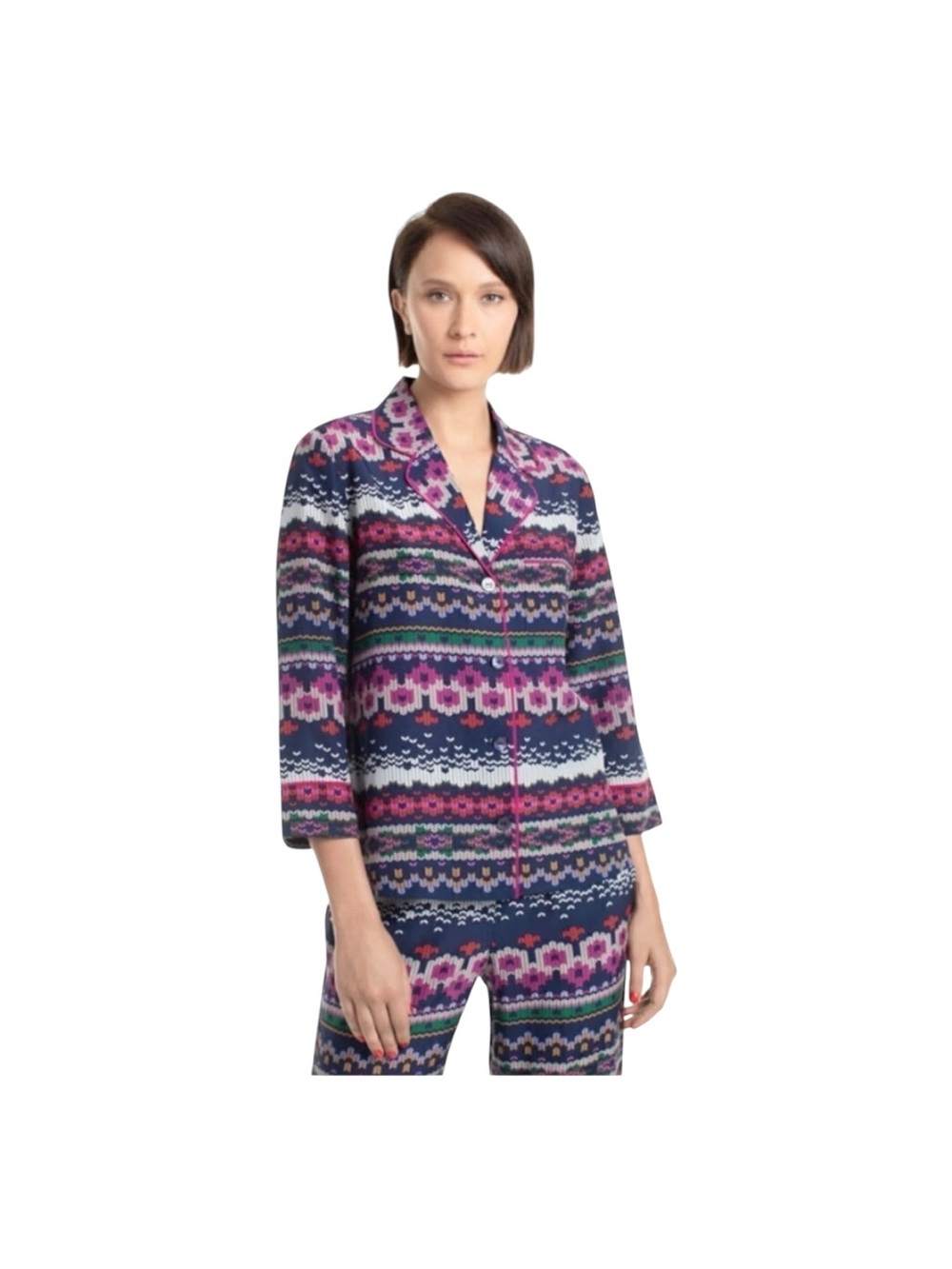 Trina Turk. Multicolor Button Down Silk Ira 3 Top, Pajama Style 3/4 Sleeves L